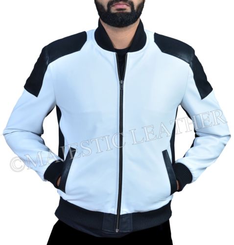 Slim fit leather bomber on sale jacket