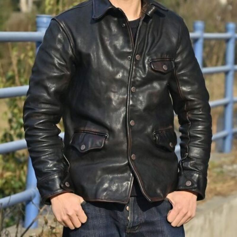 Men's Classic Casual Vintage Style Coat Distressed Black Leather Jacket