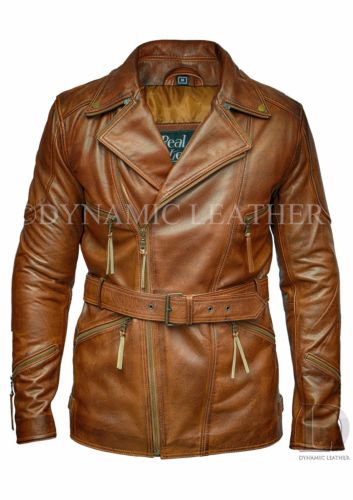 hombre marrón 3/4 MOTO BIKER Largo CUERO VACUNO Chaqueta