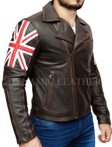 Mens Biker Vintage Distressed Brown Union Jack 2 Cafe Racer Leather Jacket