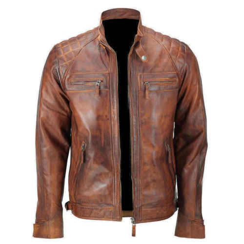 Mens Retro Zipped Biker Jacket Real Leather Black/Brown Rub Off Vintage Style