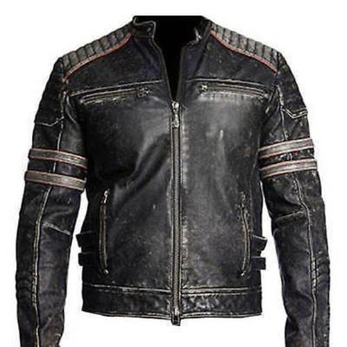 Uomo Biker Vintage Motorino Sdrucito Nero Retrò Giacca di Pelle