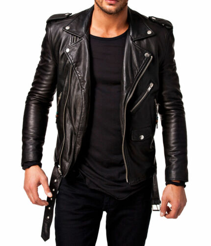 Herren Lederjacke Motorrad Schwarz Enge Passform Biker Echt Lammleder Jacke