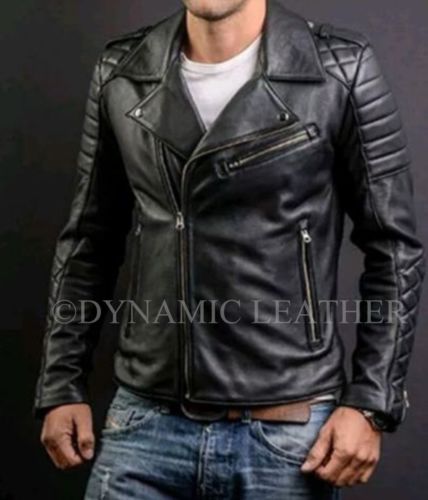 MEN’S FASHION GENUINE LEATHER SLIM FIT QUILTED BLACK LEATHER BIKER JACKET