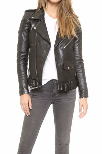 Victoria Beckham Womens Black Biker Motorcycle Slimfit Leather