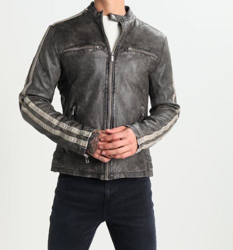 hommes MOTARD DÉLAVÉ ciré vintage noir veste en véritable cuir