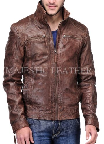 Men's Cafe Racer Biker Vintage Antique Brown Real Leather Jacket