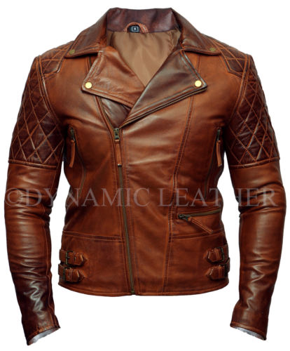 hommes MOTARD classique strass MOTO MARRON DÉLAVÉ VINTAGE Veste cuir