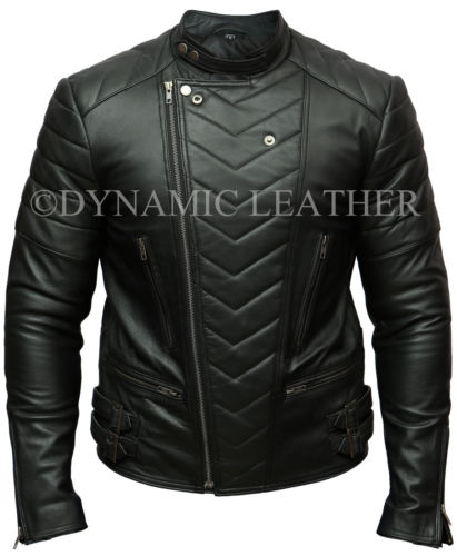 Hombre Club Negro Motero Chaqueta de piel auténtica vintage Ajustado Motos Retro