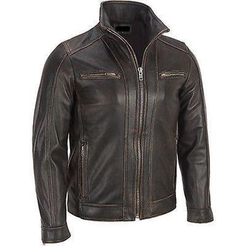 men's Black Remache Cuero faded-seam chaqueta chaqueta de cuero auténtico