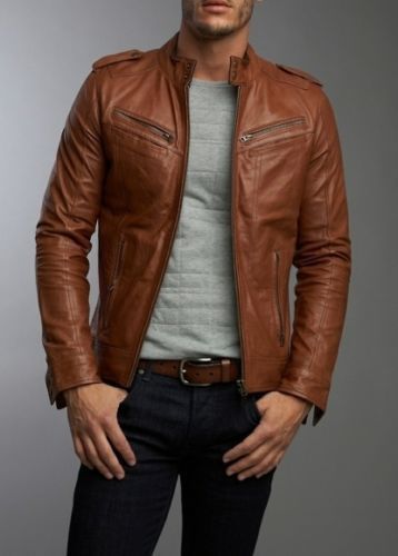 Homme Authentique Peau D'agneau BRONZAGE BRUN Motorradjacke aus feinem Motardleder