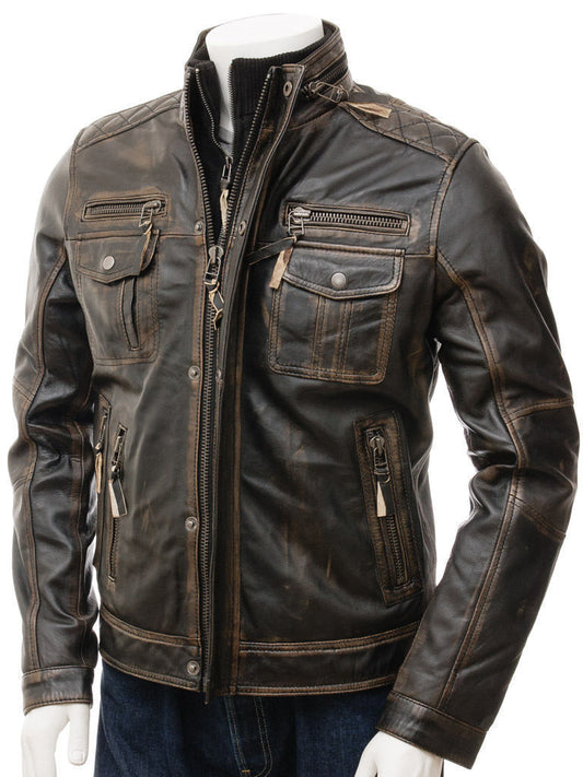 Men's Vintage Machinist Biker Cafe Racer Leather Jacket-BNWT