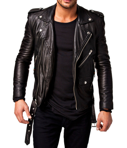 Men's Leather Jacket Black Slim fit Biker genuine lambskin jacket